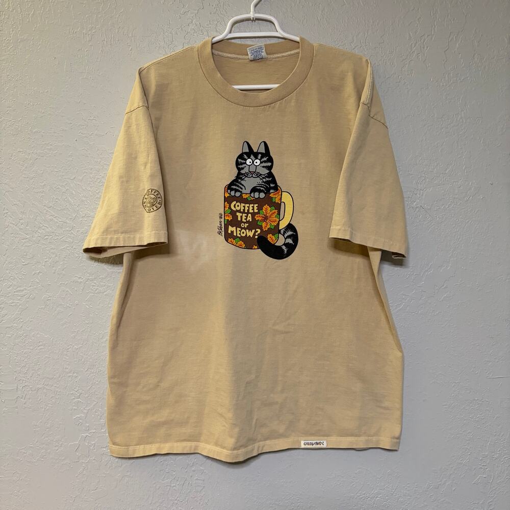 Vintage Crazy Shirts Hawaii Coffee Tea Or Meow Cat  T Shirt XL Beige 90s USA